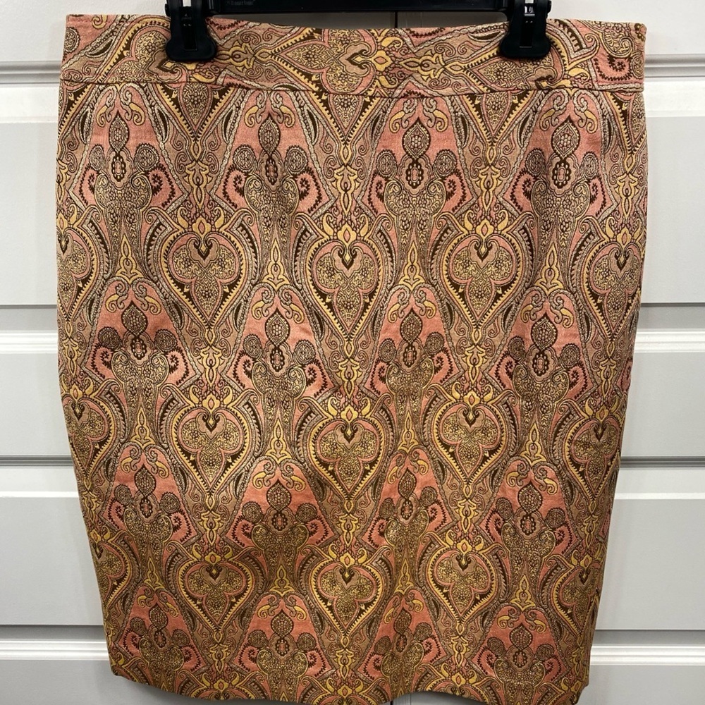 Romantic Retro Silk Blend Pencil Skirt Damask Paisley Workwear Classic 16 Peach